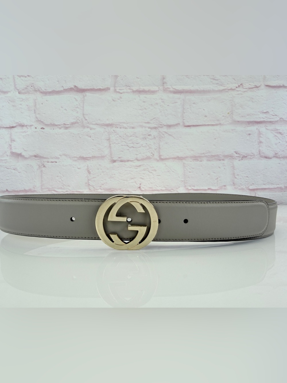 Authentic Gucci Gray Interlocking G Leather Belt Buckle 546386 90/36